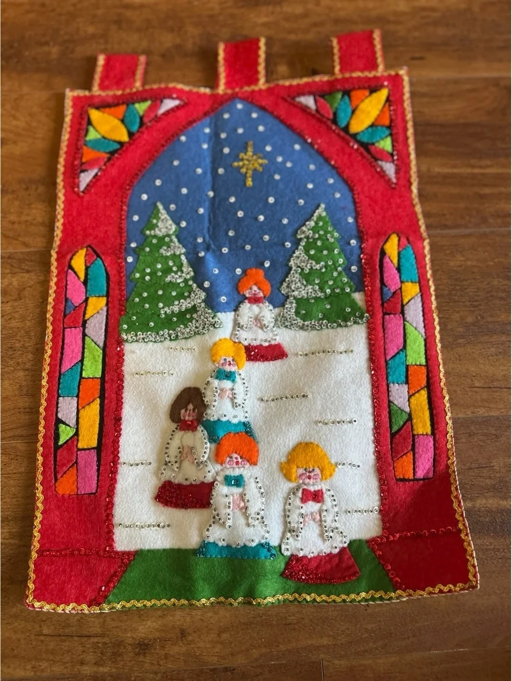 Vintage Handmade Felt Christmas Wall Hanging with Beaded Choir Scene